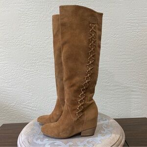 Gianni Bini tall suede brown boots - sz 6.5 - pull on - criss cross pattern